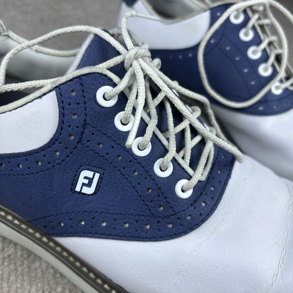 FootJoy FJ Golf Shoes Mens 8.5 M White Blue Leather Saddle Spikes Cleats - Picture 9 of 10